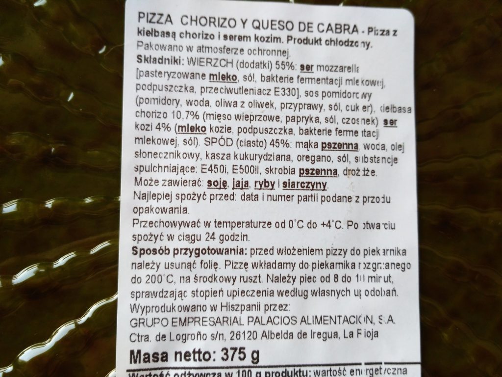 skład pizzy palacios z chorizo